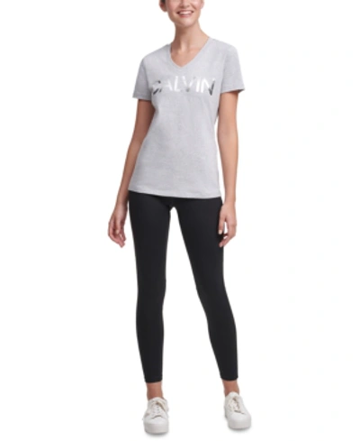 Shop Calvin Klein Performance Logo V-neck T-shirt In Pearl Hgr