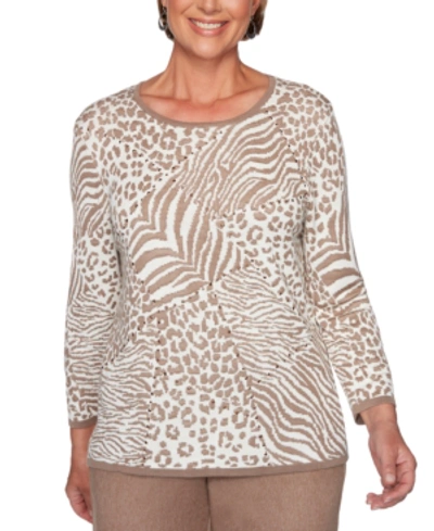 Shop Alfred Dunner Petite First Frost Animal-print Jacquard Sweater In Toast