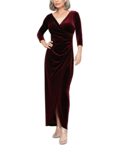 Shop Alex Evenings Petite Velvet Surplice Dress With Tulip Overlay In Wine