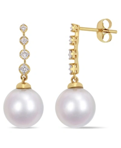 Shop Macy's South Sea Cultured Pearl (10-10.5mm) And Diamond (1/6 Ct. T.w.) Dangle Earrings In 14k Yellow Gold