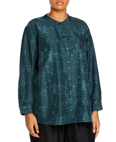 Shop Eileen Fisher Plus Size Silk Mandarin-collar Shirt In Forest Night