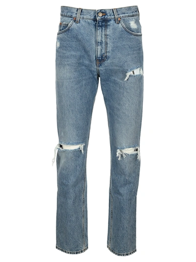 Shop Gucci Ripped Eco Bleached Organic Denim Pant In Blue