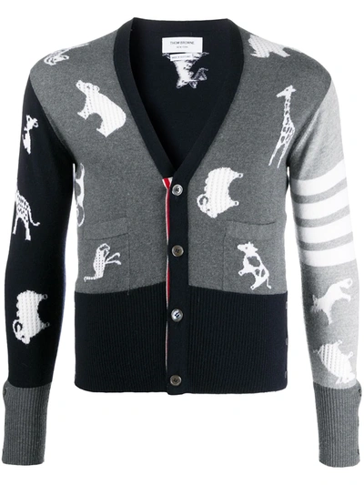 Shop Thom Browne Fun-mix Multi-animal Jacquard-woven Cardigan In Grey