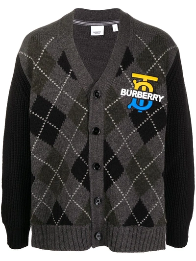 Shop Burberry Embroidered Logo Argyle Cardigan In Grey