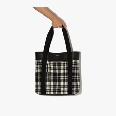 Shop Saint Laurent Black And White Tartan Tote Bag