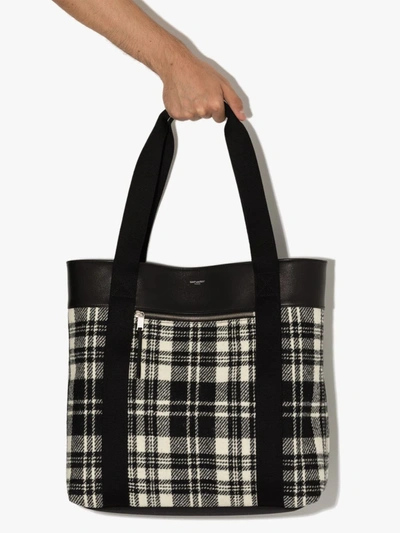 Shop Saint Laurent Black And White Tartan Tote Bag