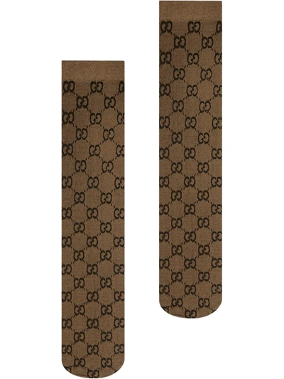 Shop Gucci Gg Pattern Knee-high Socks In Brown