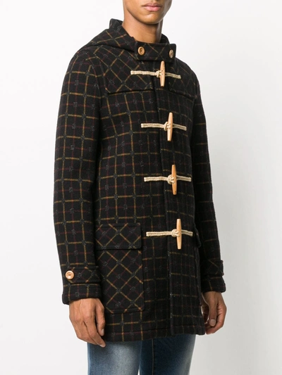 Shop Saint Laurent Checked Hooded Duffle Coat In Black
