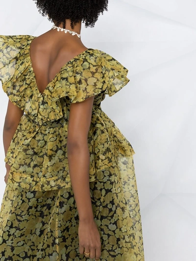 Shop Ganni Floral-print Ruffled Midi-dress In Yellow