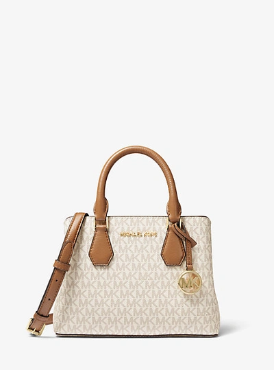 Shop Michael Kors Camille Small Logo And Leather Satchel In Natural