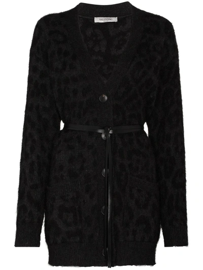 Shop Valentino Leopard-print Belted-waist Cardigan In Black