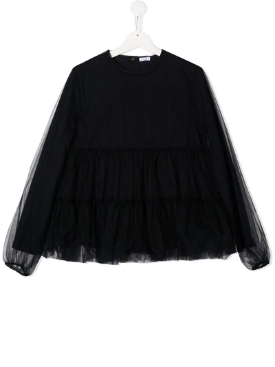 Shop Il Gufo Teen Tulle-overlay Crew Neck Blouse In Black
