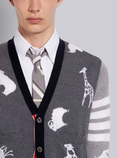 Shop Thom Browne Fun-mix Fine Merino Wool Animal Icon 4-bar V-neck Cardigan In Grey