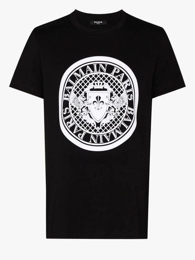 Shop Balmain Black Coin Logo Cotton T-shirt