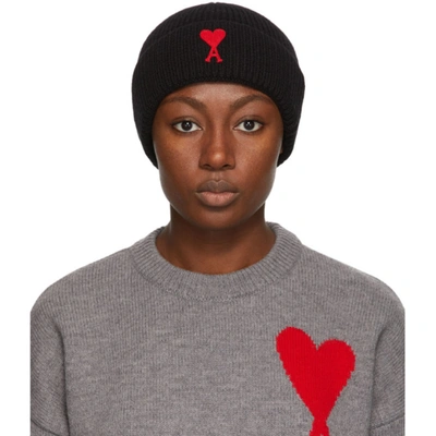 Shop Ami Alexandre Mattiussi Black Merino Ami De Coeur Beanie In 001 Black