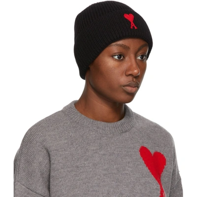 Shop Ami Alexandre Mattiussi Black Merino Ami De Coeur Beanie In 001 Black