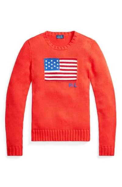 Shop Polo Ralph Lauren Flag Long Sleeve Cotton Sweater In African Red