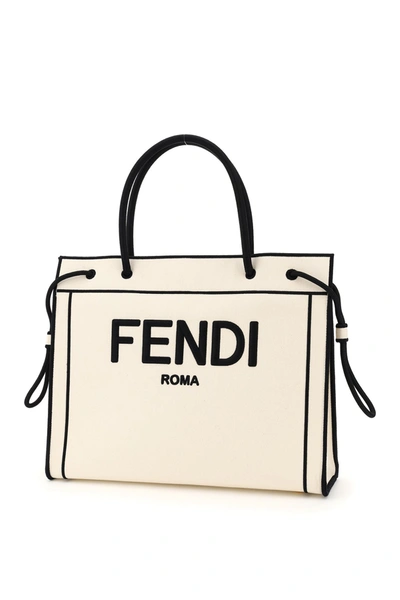 Shop Fendi Canvas Tote Bag With  Roma Embroidery In Grezzo Nero