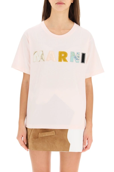 Shop Marni Patchwork Logo Embroidered T-shirt In Pink