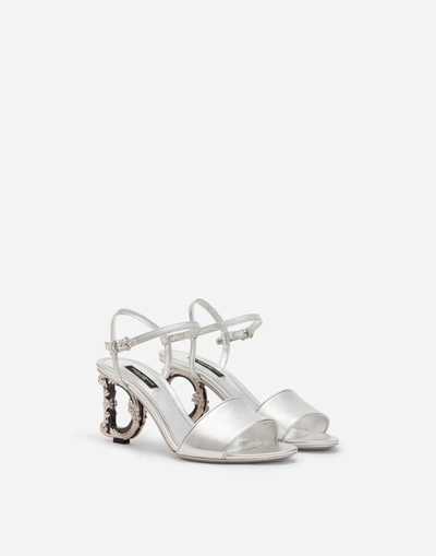 Shop Dolce & Gabbana Sandals And Wedges - Nappa Mordore Sandals With Baroque Dg Heel In Silver