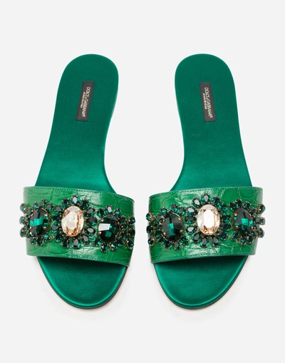 Shop Dolce & Gabbana Crocodile Flank Leather Sliders With Bejeweled Embellishment In Green