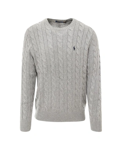 Shop Polo Ralph Lauren Logo Cable Knit Sweater In Grey