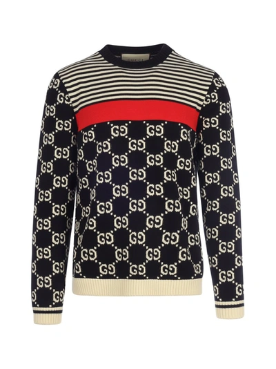 Shop Gucci Gg And Stripes Knit Jumper In Blue