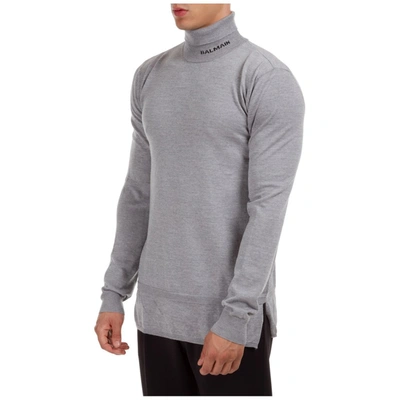 Shop Balmain Logo Turtleneck Knitted Jumper In Grey