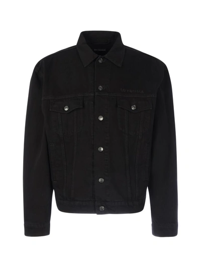 Shop Balenciaga Logo Embroidered Denim Jacket In Black