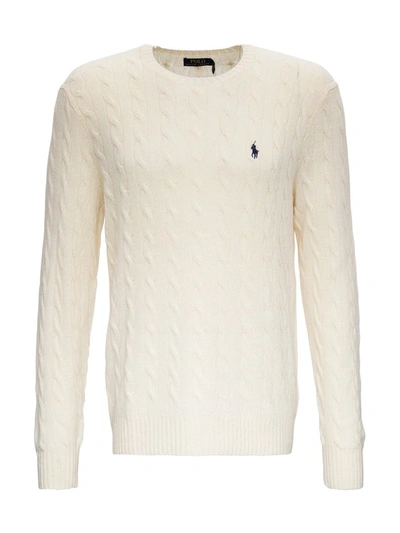 Shop Polo Ralph Lauren Signature Logo Embroidered Cable Knit Jumper In White