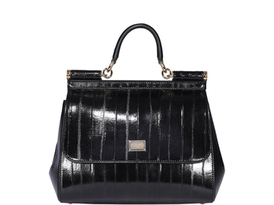 Sicily Medium Leather Shoulder Bag in Black - Dolce Gabbana