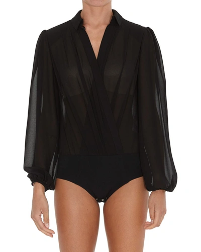 Shop Elisabetta Franchi Puff Sleeve Bodysuit Blouse In Black