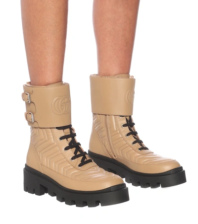 Shop Gucci Frances Leather Combat Boots In Beige