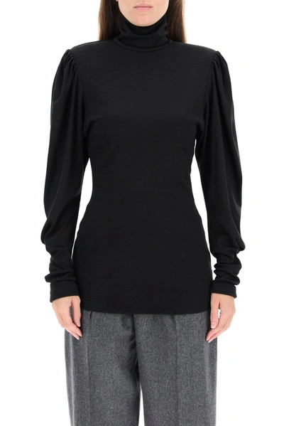 Shop Isabel Marant Gavina Turtleneck Puff Sleeve Top In Black