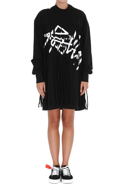 Shop Palm Angels Logo Print Fringed Dress In Black