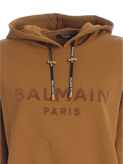 Shop Balmain Flocked Logo Cropped Hoodie In Brown