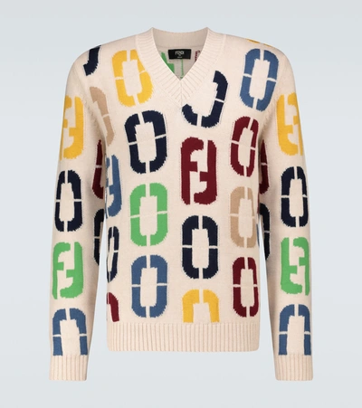 Shop Fendi Intarsia Knitted Wool Sweater In Multicoloured