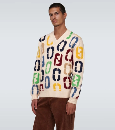 Shop Fendi Intarsia Knitted Wool Sweater In Multicoloured