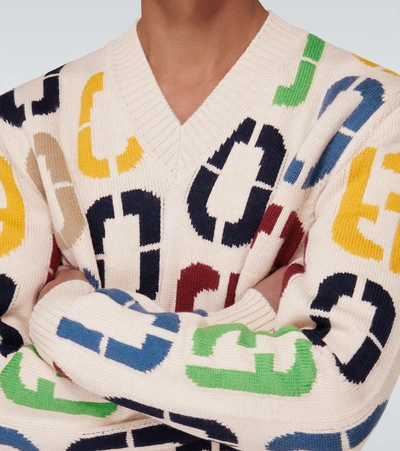 Shop Fendi Intarsia Knitted Wool Sweater In Multicoloured