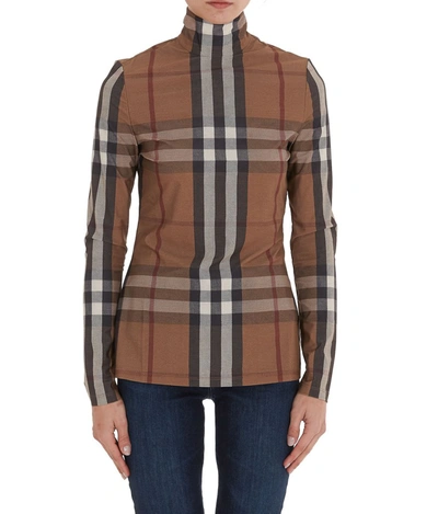 Shop Burberry Check Print Turtleneck Top In Beige