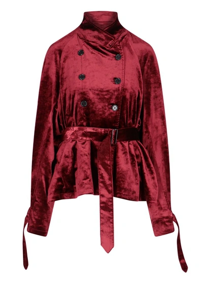 Shop Ann Demeulemeester Calico Velvet Belted Blazer In Red