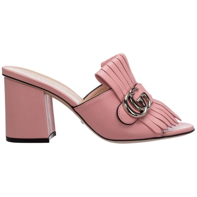 Shop Gucci Logo Plaque Block Heel Sandals In Pink