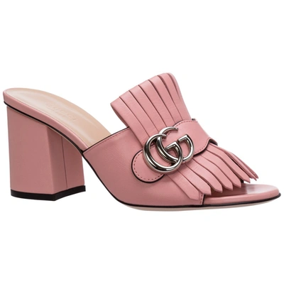 Shop Gucci Logo Plaque Block Heel Sandals In Pink