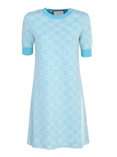Shop Gucci Dress In Wool And Cotton Pique In Light Blue