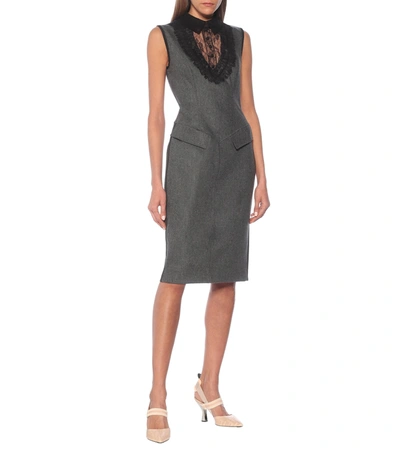 Shop Fendi Lace-trimmed Wool-blend Midi Dress In Grey
