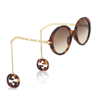 Shop Gucci Round Sunglasses With Gg Charms In Brown