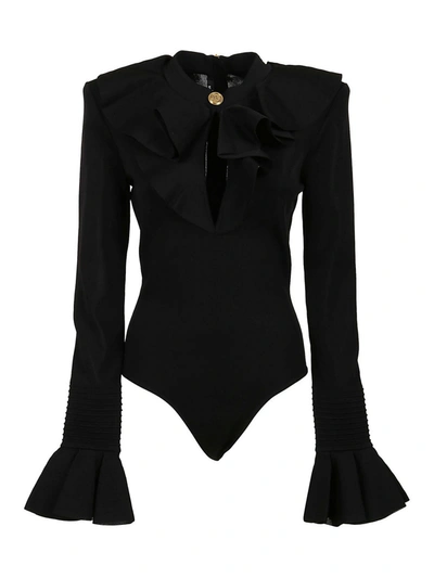 Shop Balmain Ruffled Bodysuit In Black