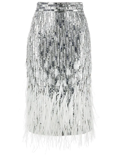 Shop Amen Feather-trim Sequin Skirt In Silver