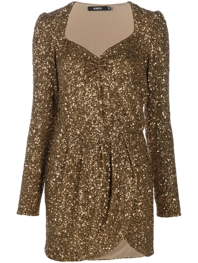 Shop Amen V-neck Sequined Mini Dress In Gold