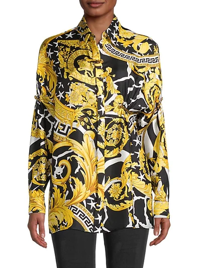 Shop Versace Printed Silk Shirt In Gold Print